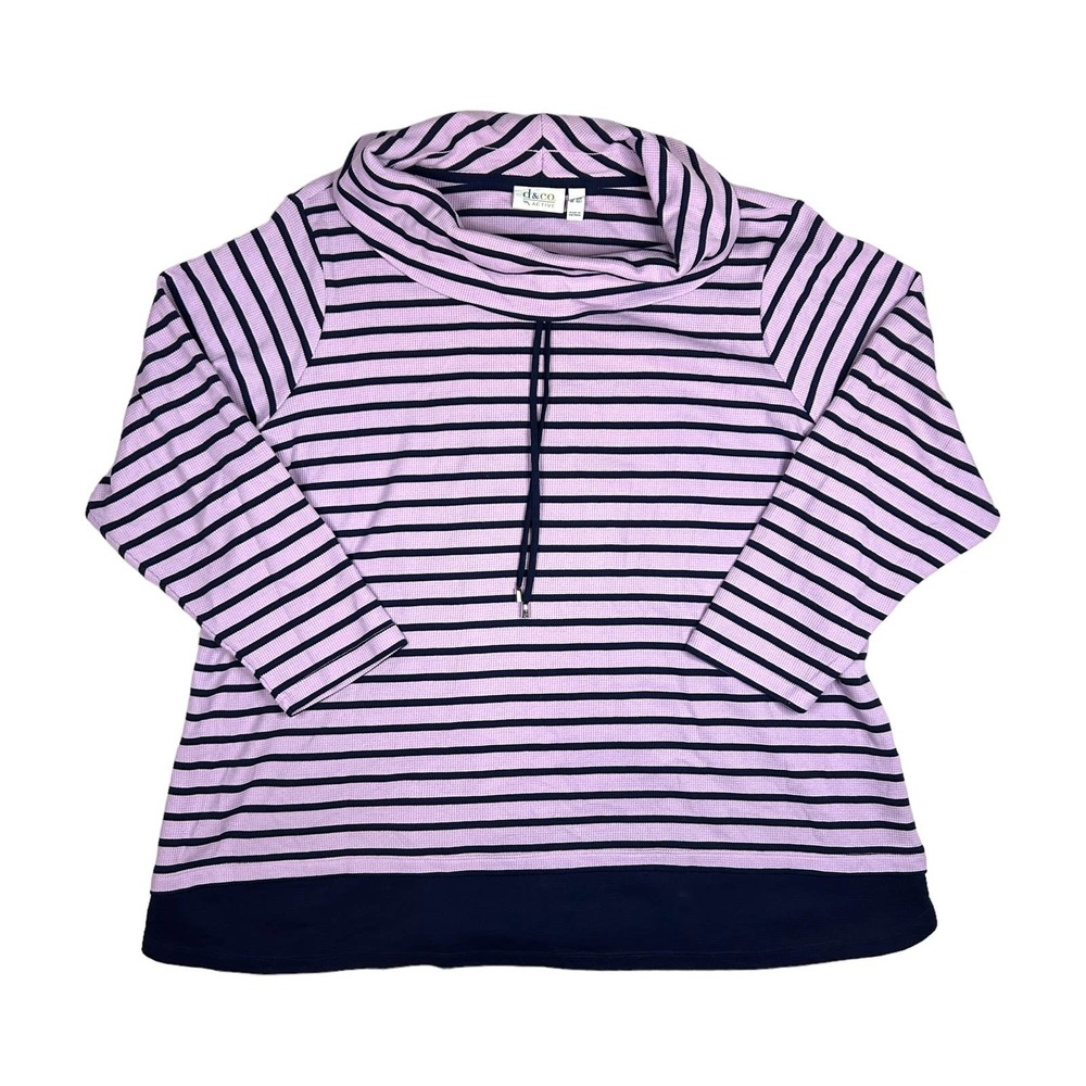Denim & Co Active Size 3XP Striped Waffle Knit Tunic Solid Trim Cowl Neck Purple